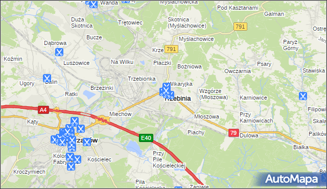 mapa Trzebinia powiat chrzanowski, Trzebinia powiat chrzanowski na mapie Targeo