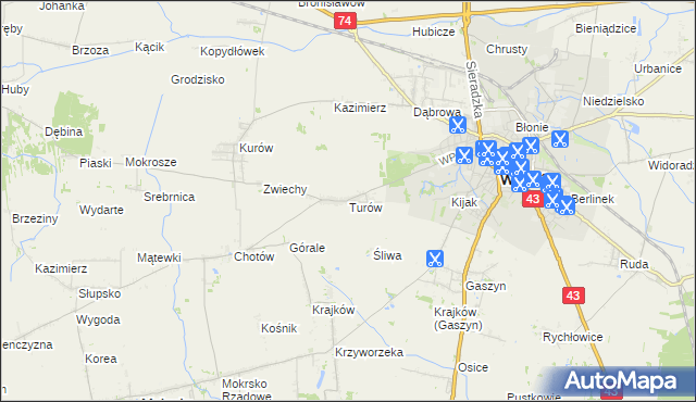 mapa Turów gmina Wieluń, Turów gmina Wieluń na mapie Targeo