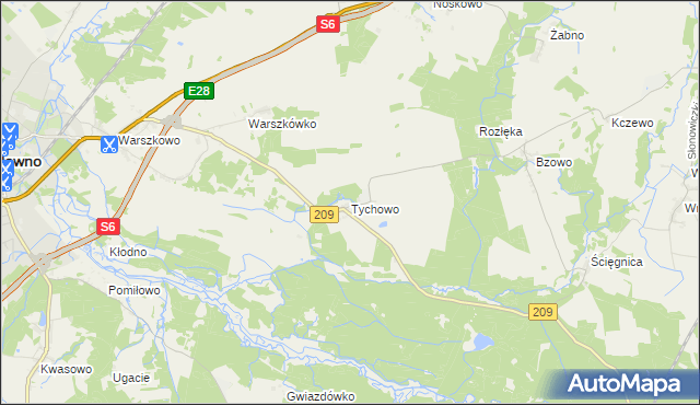 mapa Tychowo gmina Sławno, Tychowo gmina Sławno na mapie Targeo