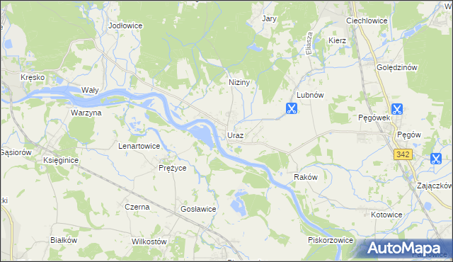 mapa Uraz gmina Oborniki Śląskie, Uraz gmina Oborniki Śląskie na mapie Targeo