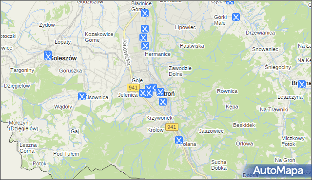 mapa Ustroń powiat cieszyński, Ustroń powiat cieszyński na mapie Targeo