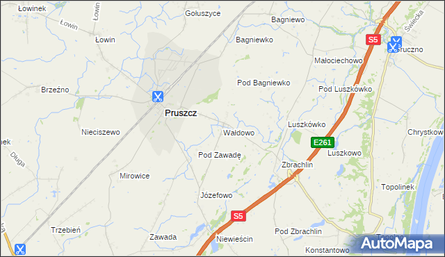 mapa Wałdowo gmina Pruszcz, Wałdowo gmina Pruszcz na mapie Targeo