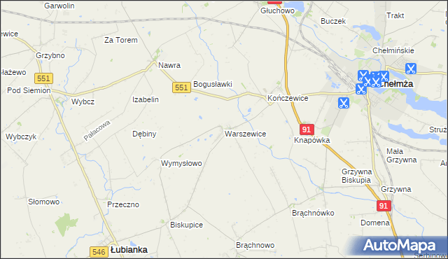 mapa Warszewice gmina Łubianka, Warszewice gmina Łubianka na mapie Targeo