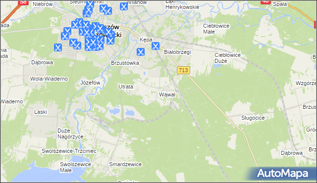 mapa Wąwał gmina Tomaszów Mazowiecki, Wąwał gmina Tomaszów Mazowiecki na mapie Targeo