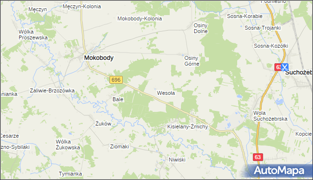 mapa Wesoła gmina Mokobody, Wesoła gmina Mokobody na mapie Targeo