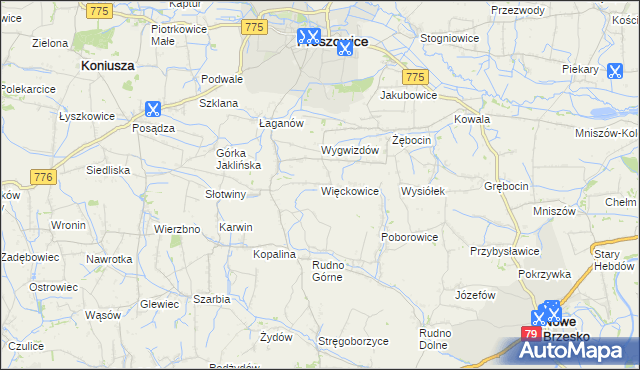 mapa Więckowice gmina Proszowice, Więckowice gmina Proszowice na mapie Targeo