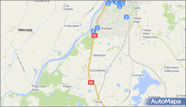mapa Wielbark gmina Malbork, Wielbark gmina Malbork na mapie Targeo