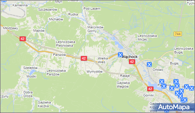 mapa Wielka Wieś gmina Wąchock, Wielka Wieś gmina Wąchock na mapie Targeo