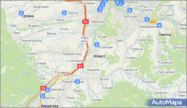 mapa Wieprz gmina Radziechowy-Wieprz, Wieprz gmina Radziechowy-Wieprz na mapie Targeo
