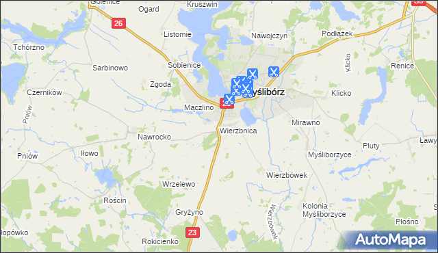 mapa Wierzbnica gmina Myślibórz, Wierzbnica gmina Myślibórz na mapie Targeo