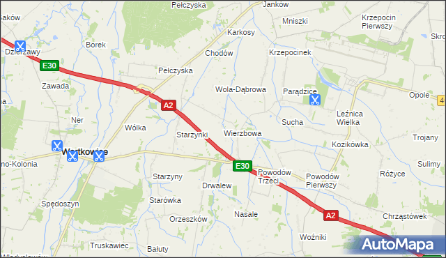 mapa Wierzbowa gmina Wartkowice, Wierzbowa gmina Wartkowice na mapie Targeo