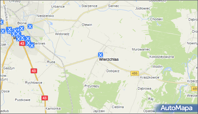 mapa Wierzchlas powiat wieluński, Wierzchlas powiat wieluński na mapie Targeo