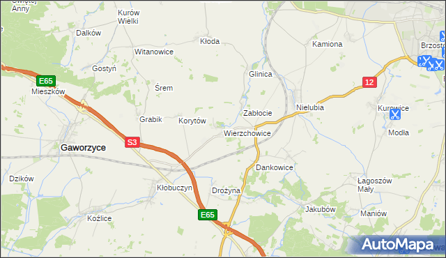 mapa Wierzchowice gmina Gaworzyce, Wierzchowice gmina Gaworzyce na mapie Targeo