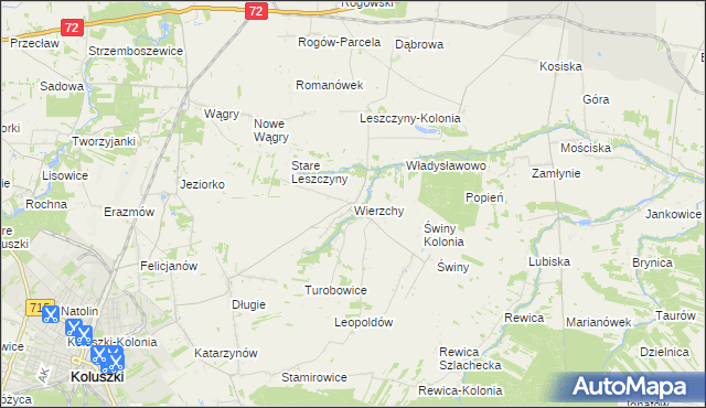 mapa Wierzchy gmina Koluszki, Wierzchy gmina Koluszki na mapie Targeo