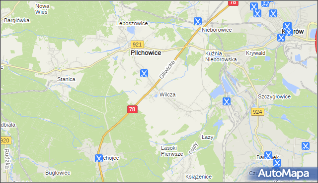 mapa Wilcza gmina Pilchowice, Wilcza gmina Pilchowice na mapie Targeo
