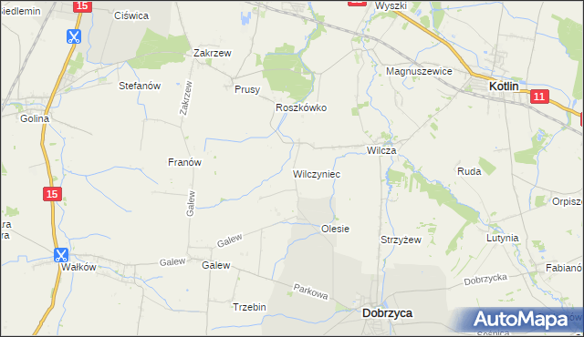 mapa Wilczyniec gmina Jarocin, Wilczyniec gmina Jarocin na mapie Targeo