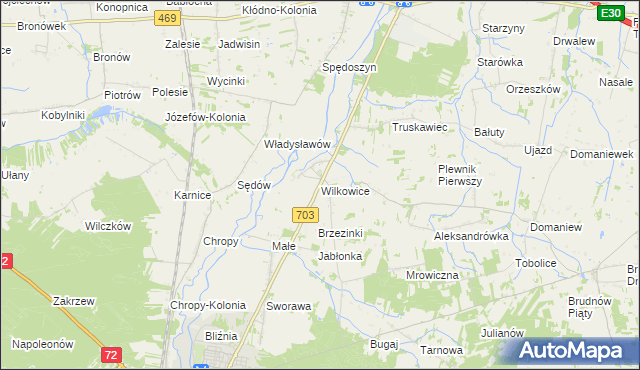 mapa Wilkowice gmina Wartkowice, Wilkowice gmina Wartkowice na mapie Targeo