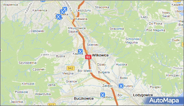 mapa Wilkowice powiat bielski, Wilkowice powiat bielski na mapie Targeo