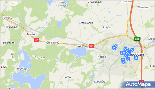 mapa Wilkowo gmina Świebodzin, Wilkowo gmina Świebodzin na mapie Targeo