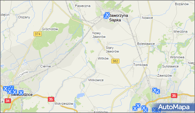 mapa Witków gmina Jaworzyna Śląska, Witków gmina Jaworzyna Śląska na mapie Targeo