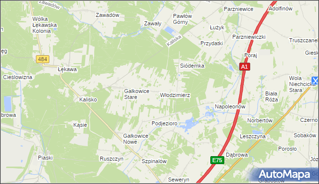 mapa Włodzimierz gmina Kamieńsk, Włodzimierz gmina Kamieńsk na mapie Targeo