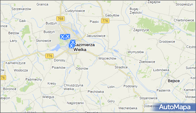 mapa Wojciechów gmina Kazimierza Wielka, Wojciechów gmina Kazimierza Wielka na mapie Targeo