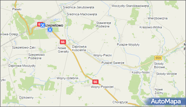 mapa Wojny-Piecki, Wojny-Piecki na mapie Targeo