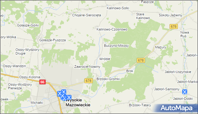 mapa Wróble gmina Wysokie Mazowieckie, Wróble gmina Wysokie Mazowieckie na mapie Targeo