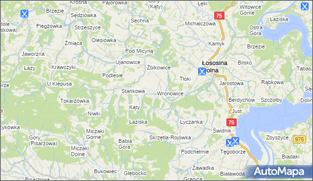 mapa Wronowice gmina Łososina Dolna, Wronowice gmina Łososina Dolna na mapie Targeo