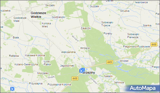 mapa Wrząca gmina Brzeziny, Wrząca gmina Brzeziny na mapie Targeo