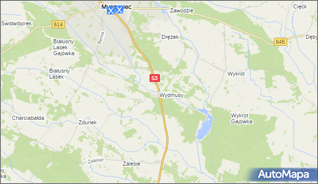 mapa Wydmusy, Wydmusy na mapie Targeo