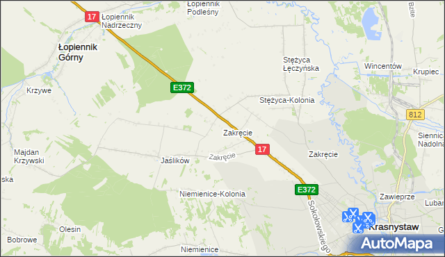 mapa Zakręcie gmina Krasnystaw, Zakręcie gmina Krasnystaw na mapie Targeo