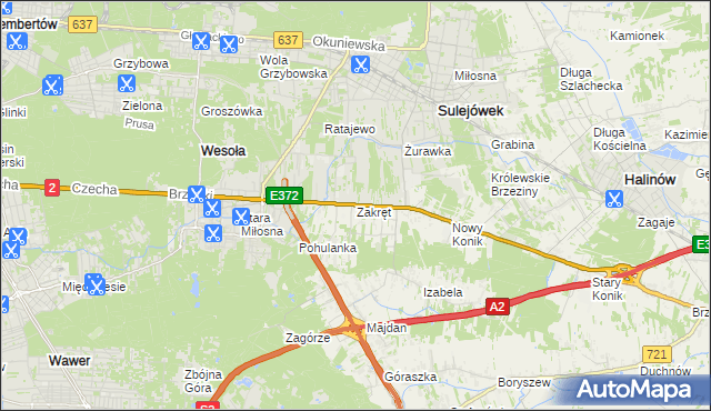 mapa Zakręt gmina Wiązowna, Zakręt gmina Wiązowna na mapie Targeo