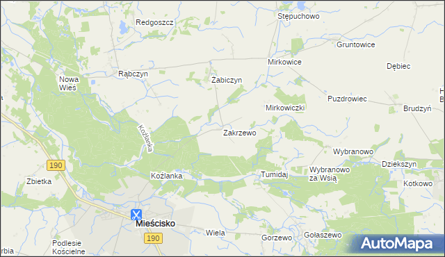 mapa Zakrzewo gmina Mieścisko, Zakrzewo gmina Mieścisko na mapie Targeo