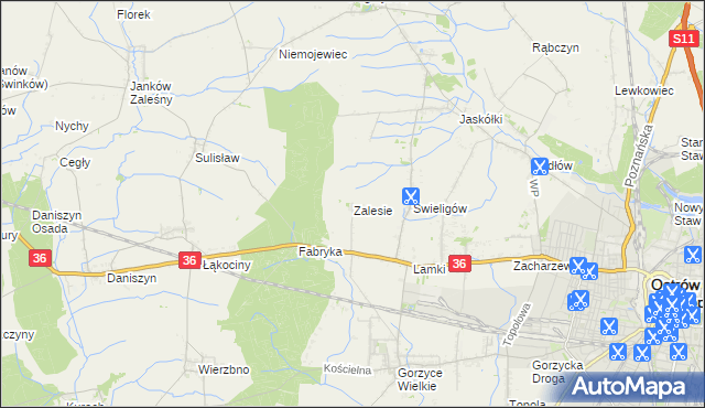 mapa Zalesie gmina Ostrów Wielkopolski, Zalesie gmina Ostrów Wielkopolski na mapie Targeo