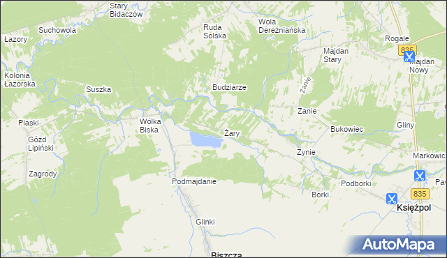 mapa Żary gmina Biszcza, Żary gmina Biszcza na mapie Targeo