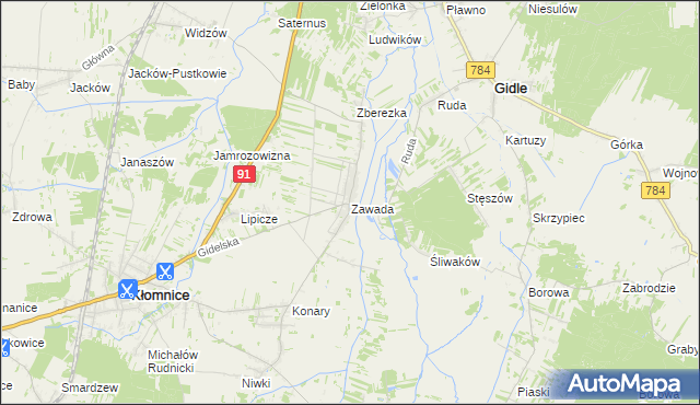 mapa Zawada gmina Kłomnice, Zawada gmina Kłomnice na mapie Targeo