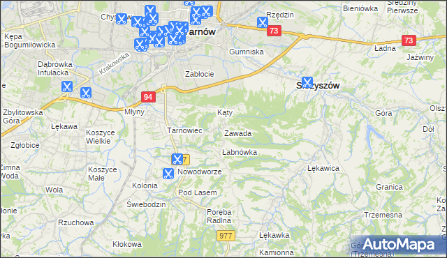 mapa Zawada gmina Tarnów, Zawada gmina Tarnów na mapie Targeo