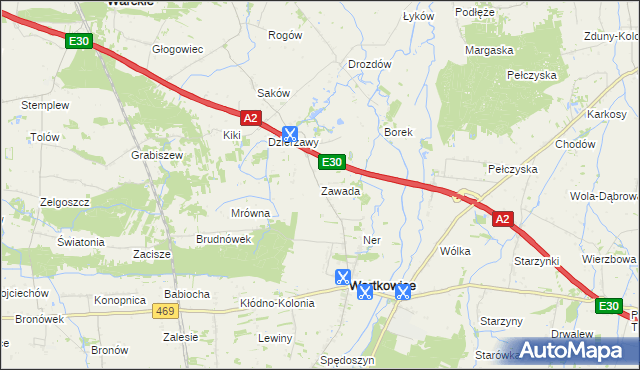 mapa Zawada gmina Wartkowice, Zawada gmina Wartkowice na mapie Targeo