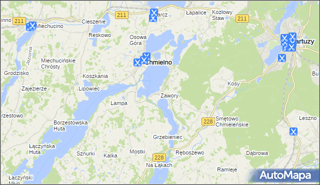 mapa Zawory gmina Chmielno, Zawory gmina Chmielno na mapie Targeo