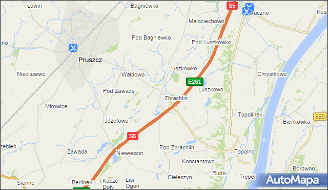 mapa Zbrachlin gmina Pruszcz, Zbrachlin gmina Pruszcz na mapie Targeo