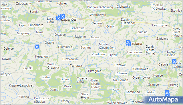 mapa Zbydniów gmina Łapanów, Zbydniów gmina Łapanów na mapie Targeo