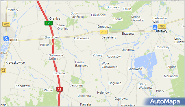 mapa Żdżary gmina Bielawy, Żdżary gmina Bielawy na mapie Targeo