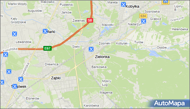 mapa Zielonka powiat wołomiński, Zielonka powiat wołomiński na mapie Targeo