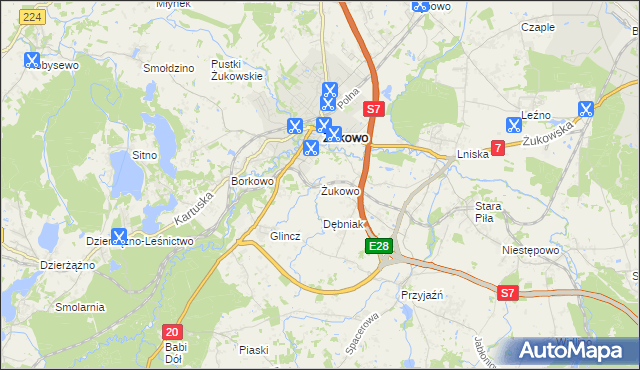mapa Żukowo powiat kartuski, Żukowo powiat kartuski na mapie Targeo