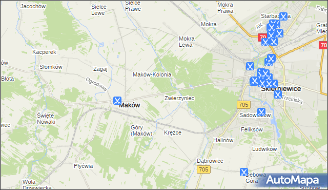 mapa Zwierzyniec gmina Maków, Zwierzyniec gmina Maków na mapie Targeo