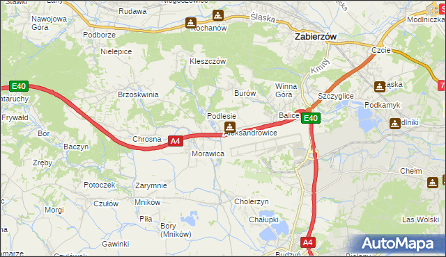 mapa Aleksandrowice gmina Zabierzów, Aleksandrowice gmina Zabierzów na mapie Targeo