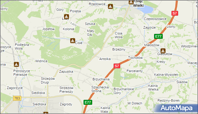 mapa Antolka gmina Książ Wielki, Antolka gmina Książ Wielki na mapie Targeo