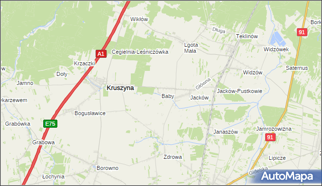 mapa Baby gmina Kruszyna, Baby gmina Kruszyna na mapie Targeo