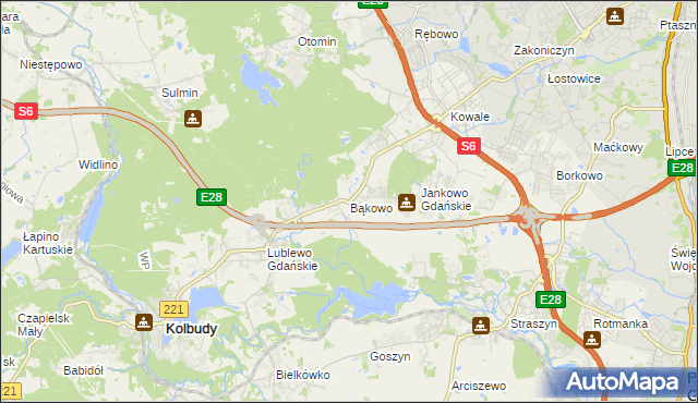 mapa Bąkowo gmina Kolbudy, Bąkowo gmina Kolbudy na mapie Targeo